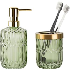 Glass Bathroom Accessories Set, 2PCS Clear Glass Bathroom Accessory, Toothbrush Holder and Soap Dispenser Set for Modern Bathroom Decor(Green)