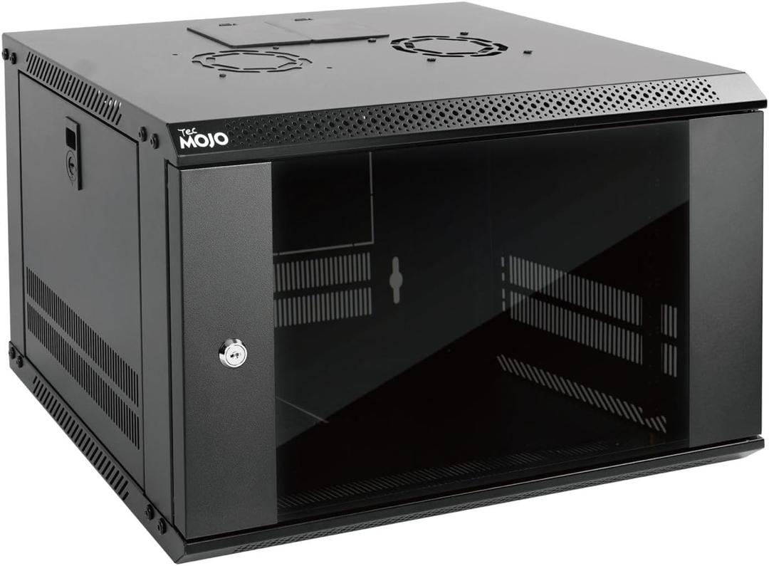 Tecmojo 6U Wall Mount Server Cabinet IT Network Rack Enclosure Lockable Door and Side Panels Black, Cooling Fan, Standard Glass Door, 450mm Depth, for 19 IT Equipment, A/V Devices