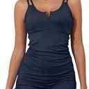 Aleumdr Womens 2 Piece Swimsuit Tankini Top with Boyshorts Athletic Bathing Suit High Waisted Tummy Control Swimwear (Navy Blue, Medium)