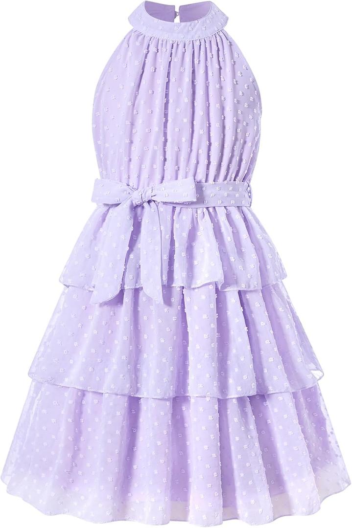 Move Dance Girls Halter Neck Dress Summer Flared A-Line Swiss Dot Chiffon Sundress 6-13 Years Old (Purple)