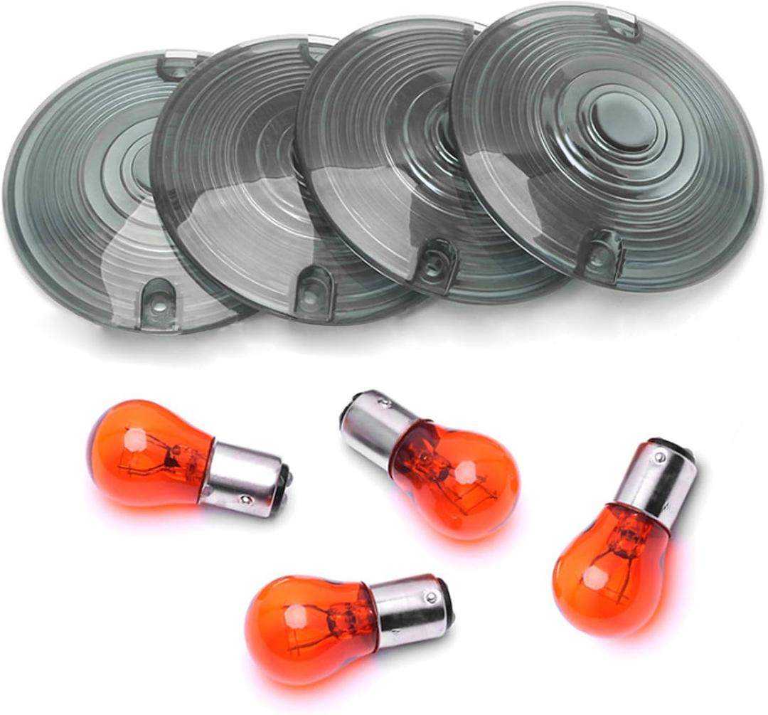 4 Pcs 3 1/4" Touring OEM Flat Black Smoked Turn Signal Lenses+Amber Bulbs for Harley Davidson Electra Glides Road King