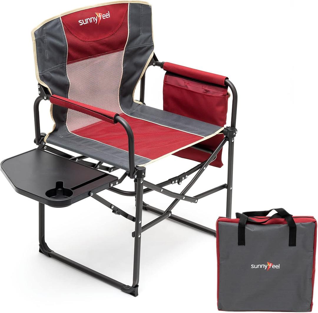 SUNNYFEEL Camping Directors Chair, Heavy Duty,Oversized Portable Folding Chair with Side Table, Pocket for Beach, Fishing,Trip,Picnic,Lawn,Concert Outdoor Foldable Camp Chairs (Red)