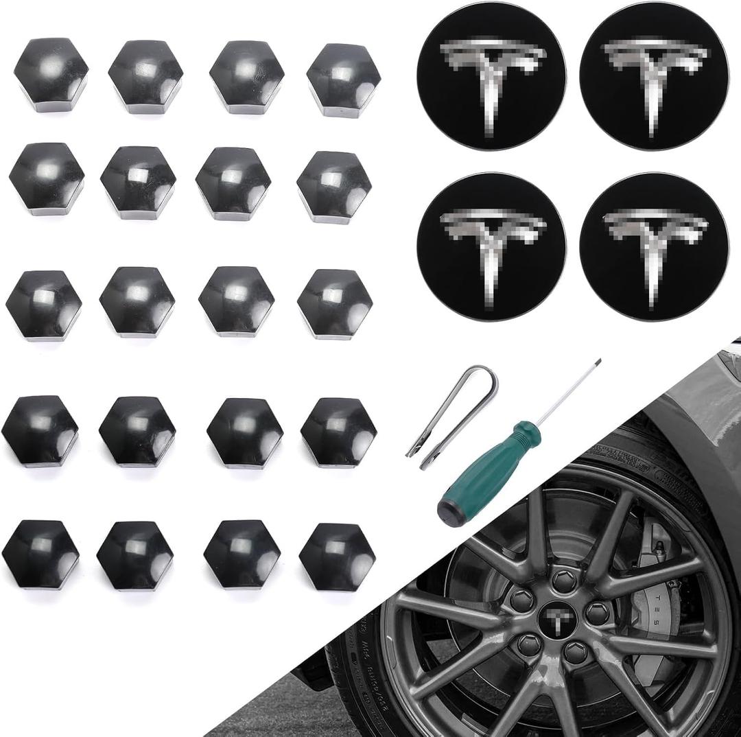 ROCCS Compatible with Model 3 S X Set Aero Wheel Cap Kit, Center Logo Emblem Modification Hub Cover with Cap Lug Nut Cover, Black+Silver