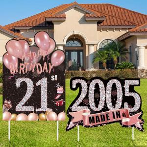 2Pcs Birthday Yard Signs 21st Birthday Decorations for Her Rose Gold Happy 21 Birthdays Sign Made in 2005 Lawn Party Supplies With Stakes Weatherproof Outdoor Twenty-One Years Old Yard Decor