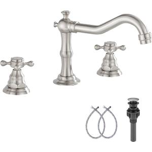 GGStudy Two Handles Three Holes Faucet 8-16 inch Widespread Bathroom Sink Faucet Brushed Nickel Basin Tap Mixer Faucet Matching Metal Pop Up Drain