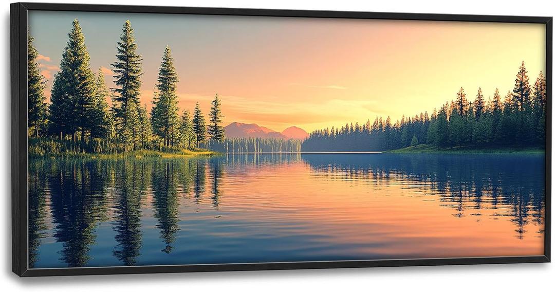 Large Lake Landscape Wall Art for Living Room, Nature Forest Canvas Oversized Wall Decor, River Scenery Framed Pictures Painting Print Artwork for Bedroom Office 60" L x 30" W