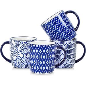 Selamica 10 OZ Coffee Mugs Set of 4, Small Coffee Cups Ceramic with Handle, Coffee Mug for Cappuccino Latte Cocoa Milk Tea, Dishwasher Microwave Safe, Vintage Blue