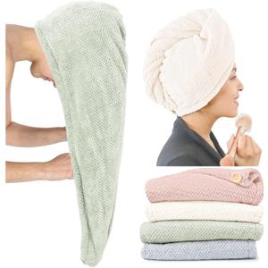 ROLSHOL Extra Large 4 Pack Microfiber Hair Towel Wrap for Women Super Absorbent & Quick Dry Hair Drying Towels with Button, Hair Turbans for Curly Hair Long & Short Hair - Anti-Frizz (Green, Pink, White, Blue)