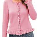 Saodimallsu Womens Ruffle Cardigan Sweaters Button Up Crew Neck Long Sleeve Cropped Sweater Cute Soft Knit Tops M