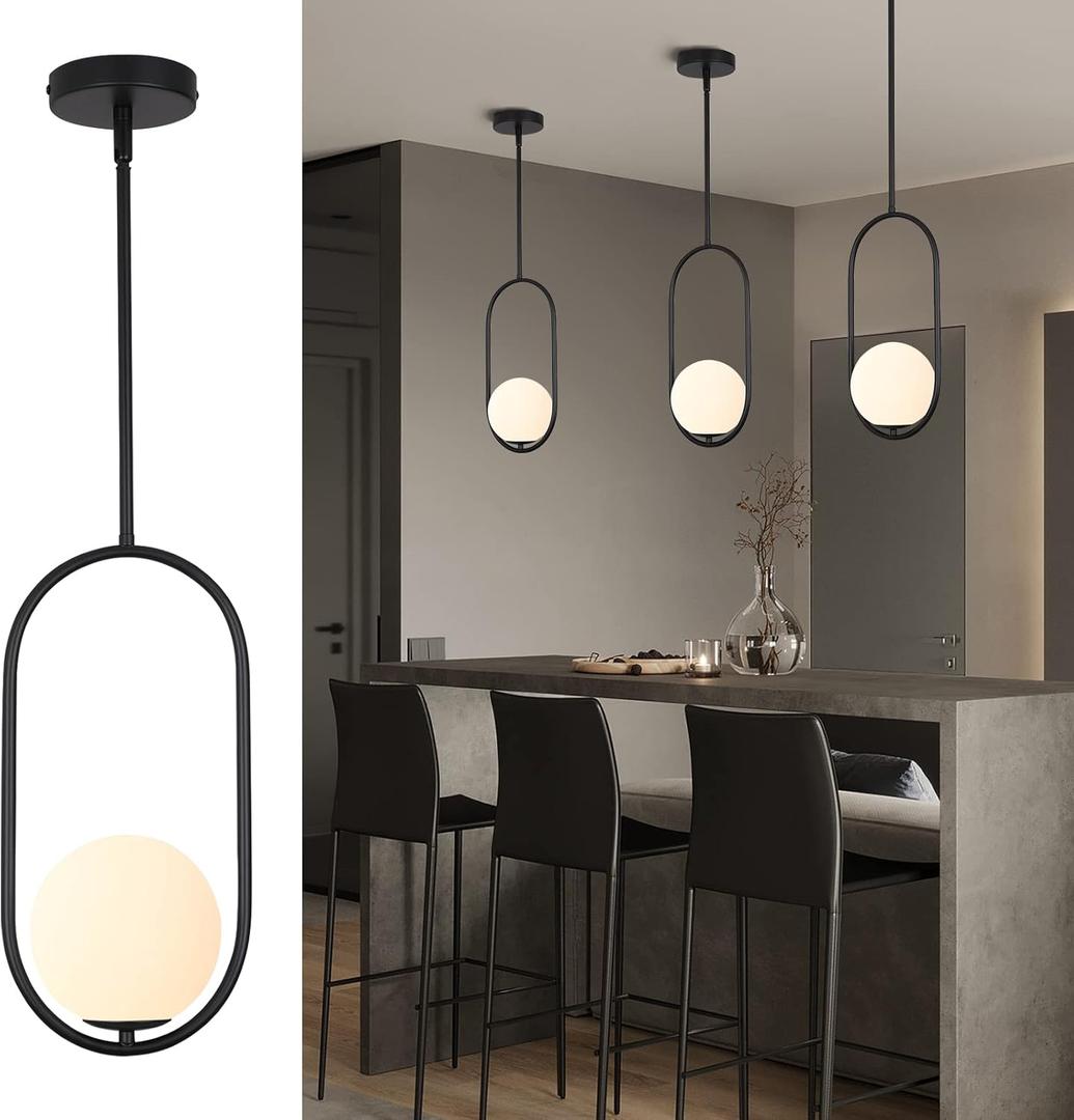 SeeU Modern Pendant Lighting One Light Chandelier Globe Black Pendant Light Indoor Hanging Light Fixture for Kithchen Island Dinning Room Bedroom (Black-with rods)