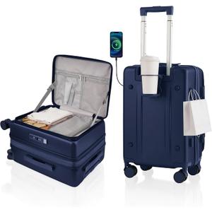 Expandable 20Inch Carry On Luggage Airline Approved - Top Opening Hardside Travel Suitcase Unbreakable -with Cup Holder,USB Charge,Side Pothook, 360Spinner Wheels, TSA Lock-Navy Blue