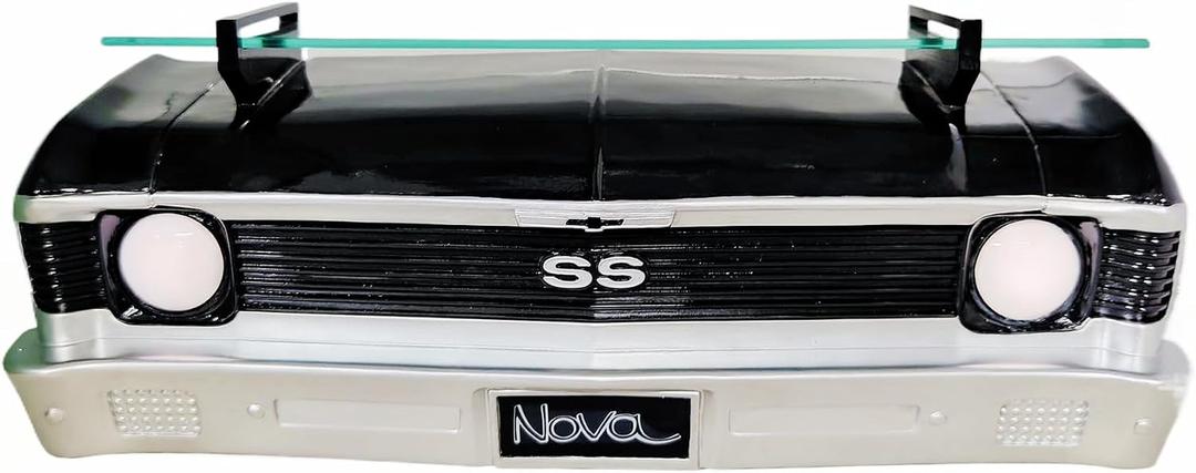 Sunbelt Gifts Chevrolet Nova SS Floating Wall Shelf, Black, Tempered Glass, LED Headlights, Chevy Enthusiast Gift, Classic Car Lover Decor, Man Cave Accessory, Vintage Garage, 19.3x6.3x6.9 inches
