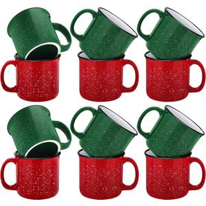 TURSTIN Set of 11 Ceramic Coffee Mugs 15 oz Speckled Christmas Red Green Campfire Camping Cups with Handle Stoneware Enamel Camping Mugs for Drinking, Coffee, Cocoa, Hot Chocolate Tea Campfire Gift
