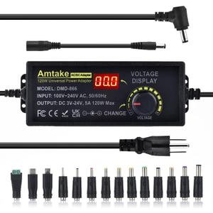 Universal Power Supply Adjustable AC to DC 3V ~ 24V Variable Switching AC/DC Adapter 5A 120W with LED Voltage Display and 5.5 x 2.5 mm 14 Tips for Household Electronics, DC Motor
