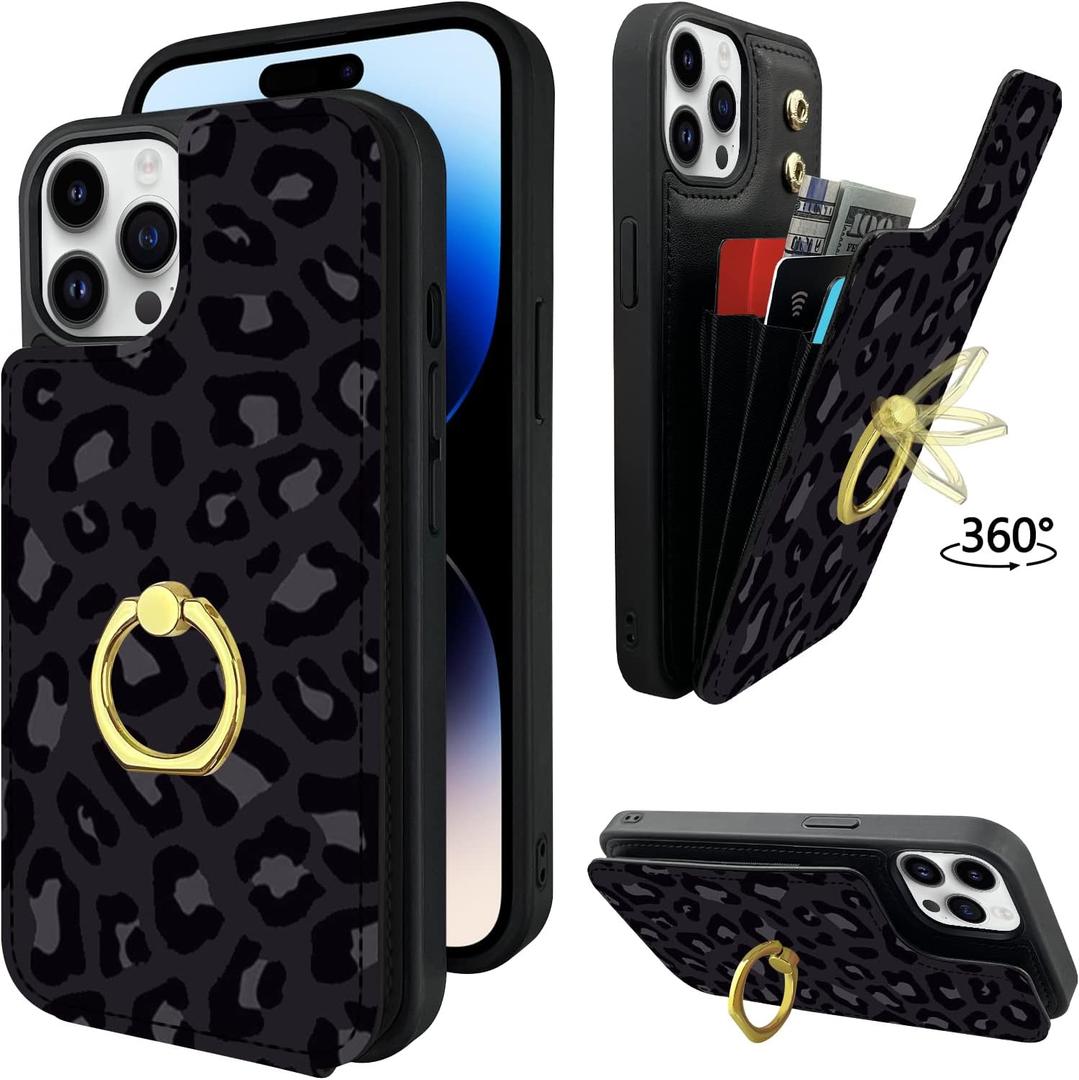 TopPerfekt Compatible with iPhone 14 Pro Wallet Case with Card Holder, 360 Rotation Finger Ring Holder Kickstand Protective RFID Blocking PU Leather Pattern Double Buttons 6.1" Black Leopard