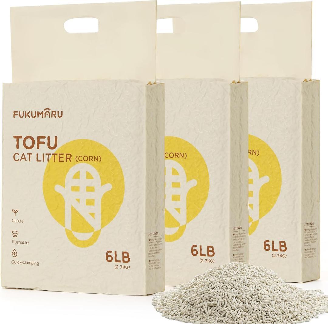 FUKUMARU Tofu Cat Litter, 100% Natural Ingredients Litter, Flushable, Dust Free, Quick Clumping, Lightweight, Low Tracking Cat Litter Pellets, Effective Odor Control, Unscented, 18 LBS (3 Packs) (18lbs, 6lb x 3 Bags)