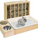 3 in 1 Rabbit Hay Feeder with Litter Box, Wood, Mess Proof, for Guinea Pig, Chinchillas, Hamster, Dwarf Rabbit