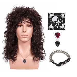 FantaLook 70 80s Long Curly Dark Brown Cosplay Wig with Necklace Headband and Mater Bracelet for Halloween