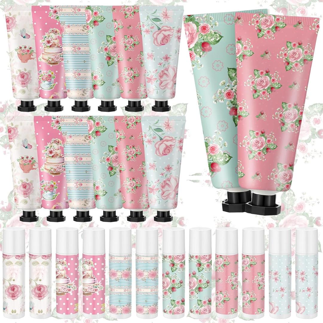 12 Sets Tea Party Favors Mini Hand Cream Lip Balm Bulk Gift Set for Women Wedding Party Favors for Guests Travel Size Hand Lotion Vintage Floral Moisturizing Lip Balm Gifts for Baby Shower