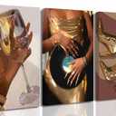 3 Pcs African American Women Canvas Wall Art Fashion Gold Black Girls Painting Picture Wall Decor Poster Print Artwork for Living Room Woman Bedroom Girl Room Home Decoration