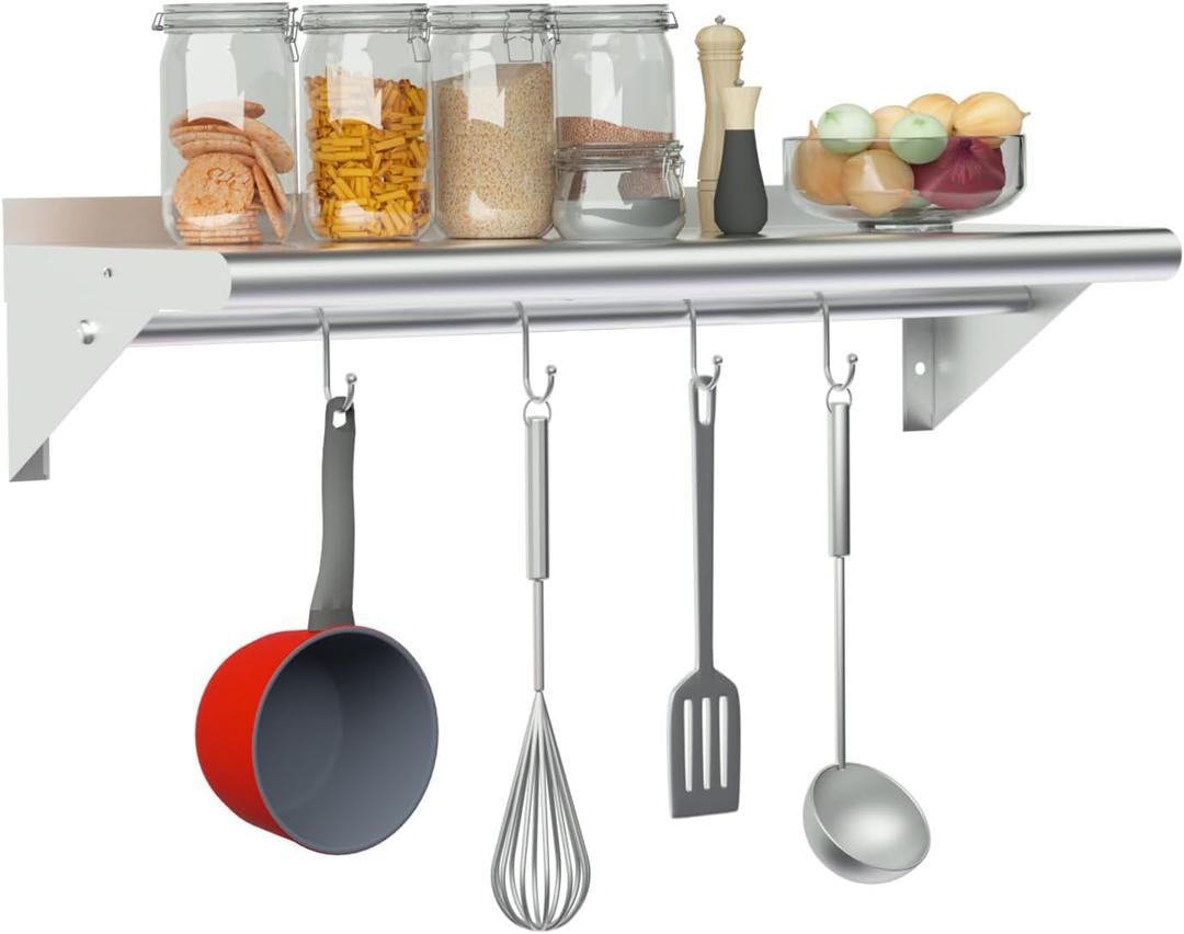 Treshin Stainless Steel Shelf with 4 Hooks 14 x 24 Inches, Commercial Wall Mount Floating Shelving Storage Pot Rack for Restaurant, Kitchen, Home, Bar and Hotel