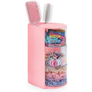 neotidy Hair Accessories Organizer with Hair Brush Holder, Rotating Hair Tie Product Organizer for Girls, 3-Tier Makeup Brush Holder for Clips, Bows & Brushes (Pink, 3-Tier)