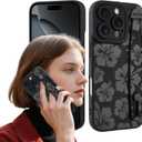 Fiyart Designed for iPhone 16 Pro Case Cute Flowers with Strap Soft TPU Phone Cover Protective Camera Lens Protection for Women Men Floral Bumper with Stand 6.3"-Black