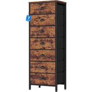 Furnulem Bedroom Dresser with 7 Drawers,Tall Industrial Fabric Chest of Drawers, Vertical Storage Tower Bedside Furniture in Living Room,Closet,Entryway-Sturdy Steel Frame(Rustic Brown)