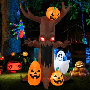 9ft Pumpkin Ghost Tree Halloween Inflatable Outdoor Decoration, Courtyard Decoration with LED Lights, for Outdoor Lawn, Garden, Family Vacation Party