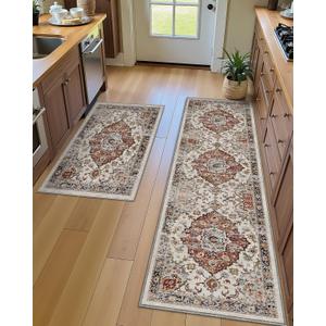LUMI Kitchen Rug Set of 2, Washable Skin-Friendly Kitchen Floor Mats 2 Piece, Soft Throw Rug, Waterproof Kitchen Carpet Set for Sink and Laundry, Easy-Clean, Mocha Garden