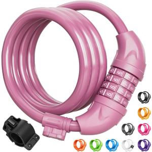 Titanker Bike Lock, Bicycle Lock 4 Feet Cable Lock 1/ 2 Inch Resettable Bike Locks Combination with Mounting Bracket, Bike Accessories for Bicycle, Electric Scooter, Motorcycle, Baby Pink