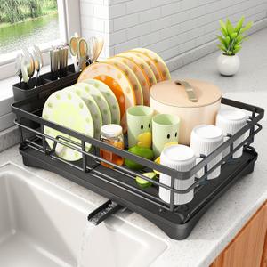 Dish Drying Rack - Stainless Steel Dish Rack for Kitchen Counter, Large-Capacity Dish Drainer with Cutlery Holder, Kitchen Organizer for Dishes, Spoons and Forks, Black