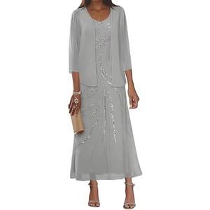 Raseal Sequin Mother of The Bride Dresses 3/4 Sleeve Chiffon Wedding Guest Dresses with Jacket Long RS117
, Grey, Size 12