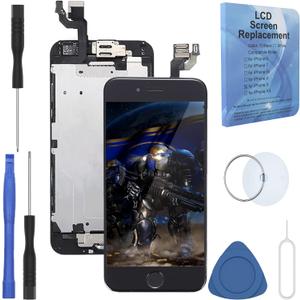 Black for iPhone 6 Plus 5.5 Inch LCD Screen Replacement with Home Button Front Facing Camera Ear Speaker Proximity Sensor Full Complete Frame Digitizer Display Assembly with Repair Tool kit