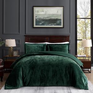 TAMGHO Dark Green Comforter Queen, Crushed Velvet Bedding for All Seasons, Luxury Fluffy Soft 3pc Bed Set Includes 1 Comforter (92"x96") and 2 Pillow Shams (20" x26), Dark Emerald Green | Soft, Medium Fill Weight, Velvet Texture