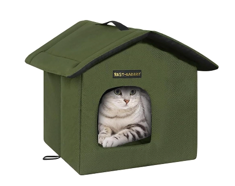 Rest-Eazzzy Cat House for Outdoor Cats, Weatherproof and Insulated Feral Cat House with Mat and Clip, Easy to Put Together, Selfwarming Cat Shelter for Summer(Olive Green, Canopy House X 1)