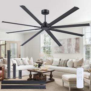 JSAITEE 84 Inch Industrial Ceiling Fan, Reversible Quiet DC Motor, 8 Blades, 3 Downrods, 6 Speed Remote Control, Large No-Light Ceiling Fan for Residential & Commercial Spaces, Garage Shop, Black