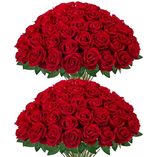 InnoGear 50 Pcs Red Roses Artificial Flowers, Fake Velvet Silk Rose Bulk Faux Flower for Valentine's Gift Decoration DIY Wedding Centerpieces Proposal Bridal Bouquets Party Floral Decor (50, Red)