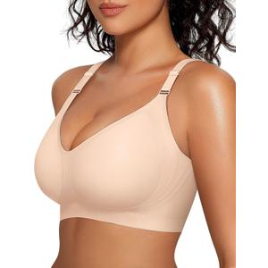 OEAK Womens Seamless Bras Comfortable Bra No Underwire Full Support Bralette Push Up Plus Size V Neck Sleeping Tshirt Bras (3X-Large, Nude)