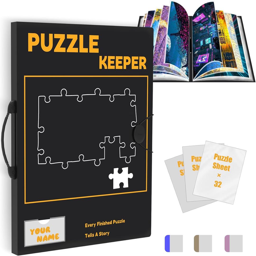 Puzzle Storage Folder with Labeling Tabs & Name Card Pocket, Portable Puzzle Holder for 1000 Piece Jigsaws with Handle, 28.3 * 21in(Inner Page),Black Storage Book, Standard 1000pcs