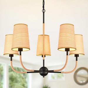 28" Black Boho Rattan Chandelier for Living Room 5-Light Coastal Boho Pendant Light Fixture Bedroom Adjustable Rustic Farmhouse Chandeliers for Dining Room Kitchen Island Foyer Entryway