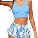 Girls Swimsuit Bathing Suit for Teens Tankini Swimsuits Criss Cross Tropical Print Ruffle Bottom Teen Swimsuits for Girls 12-14 Two Piece Swimwear Light Blue