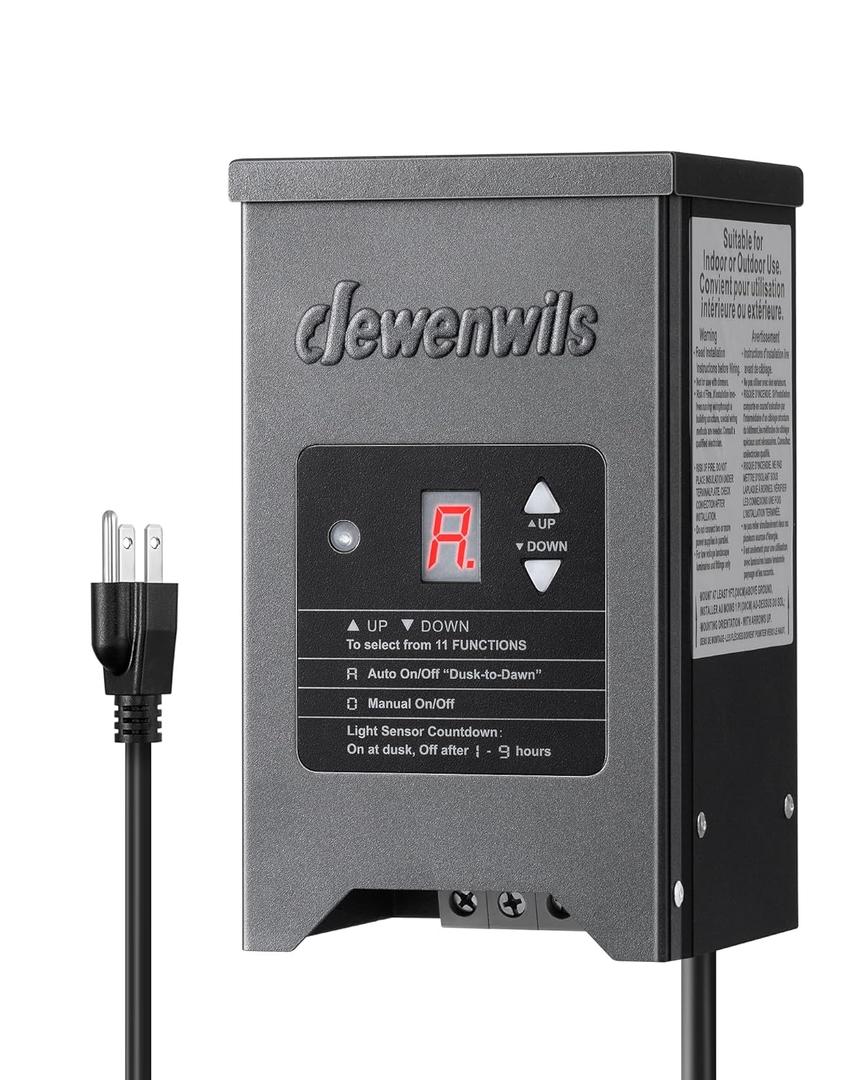 DEWENWILS 200W Weatherproof Low Voltage Landscape Lighting Transformer, 120V to 12/15V AC, Metal Low Voltage Landscape Transformer with Photocell & Timer, Multi Zone Landscape Lighting Transformer