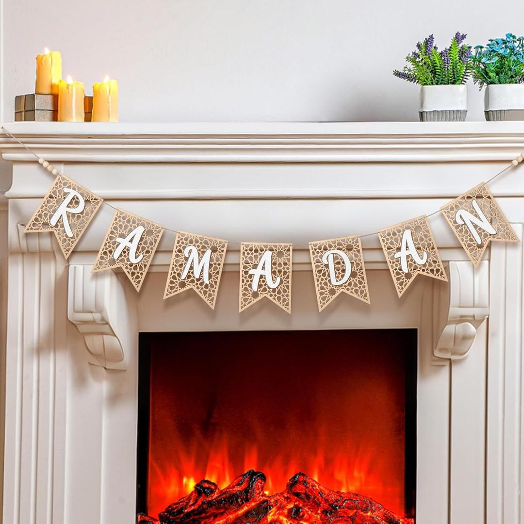 Menkxi 1 Pcs Eid Ramadan Mubarak Banner Wooden Ramadan Mubarak Decoration Rustic Bead Decorations Banner Muslim Party Decor Supplies for Home Fireplace Indoor Outdoor (Large,White)