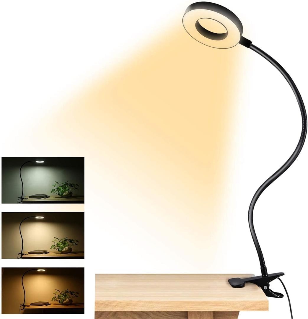 Dpower Clip on Light Reading Lights, 48 LED USB Desk Lamp with 3 Color Modes 10 Brightness, Eye Protection Book Clamp Light, 360  Flexible Gooseneck Clamp Lamp for Desk Headboard Video Conferencing (Black)