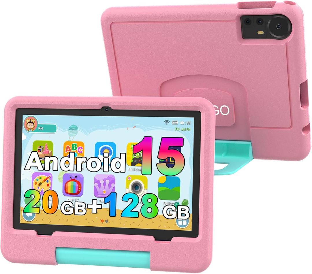Android 15 Kids Tablet with EVA Case, 10 inch Tablet for Kids, 20GB RAM+128GB ROM/MAX 2TB, 1280 * 800 IPS HD Eye-Care Touch Screen, 2.0GHz Quad-core Toddler Tablets, 5G WiFi6, Widevine L1 Pink