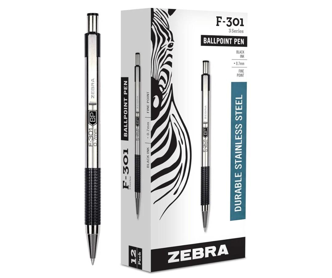 Zebra Pen F-301 Ballpoint Black Ink Fine Point 0.7mm Pen, Easy-Glide Ink, Stainless Steel Retractable, Non-Slip Grip, Professional Design, Ideal for Office, Journal and Planner Use, 12-Pack (27110)