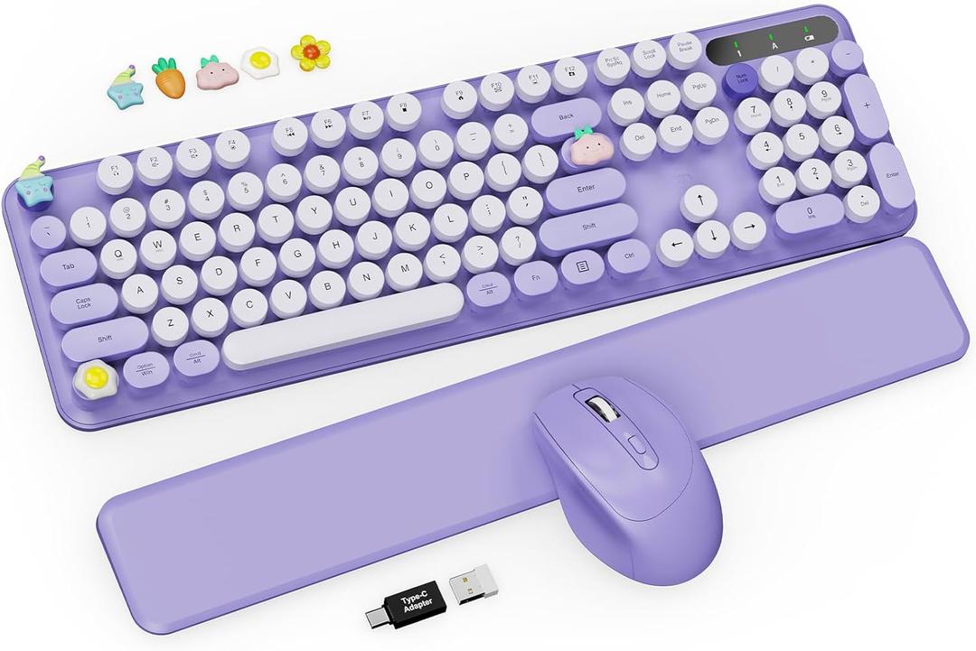 Wireless Keyboard and Mouse Combo - Cute Typewriter Keyboard with Detachable Wrist Rest, Retro Round Keycaps, Foldable Legs, 2.4GHz Full-Size Keyboard for PC, Laptop, Mac, Windows - Trueque (Purple)