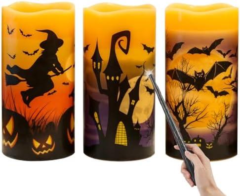 Amazon.com: DRomance Halloween Flameless Candles with Magic Wand Remote and Timer, Battery Operated LED Flickering Pillar Candles Real Wax Castle Witch Bats Halloween Decoration Indoor(3 Pack, 3 x 6 Inches) : Tools & Home Improvement