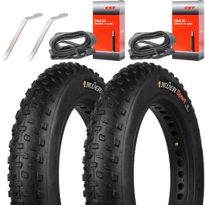 2 Pack 20x4.0 24x4.0 26x4.0 Inch Fat Bike Tires Replacement Set  Heavy Duty Folding Electric Bicycle Tires with Bonus Tubes and Levers for Wide Mountain and Snow Adventures